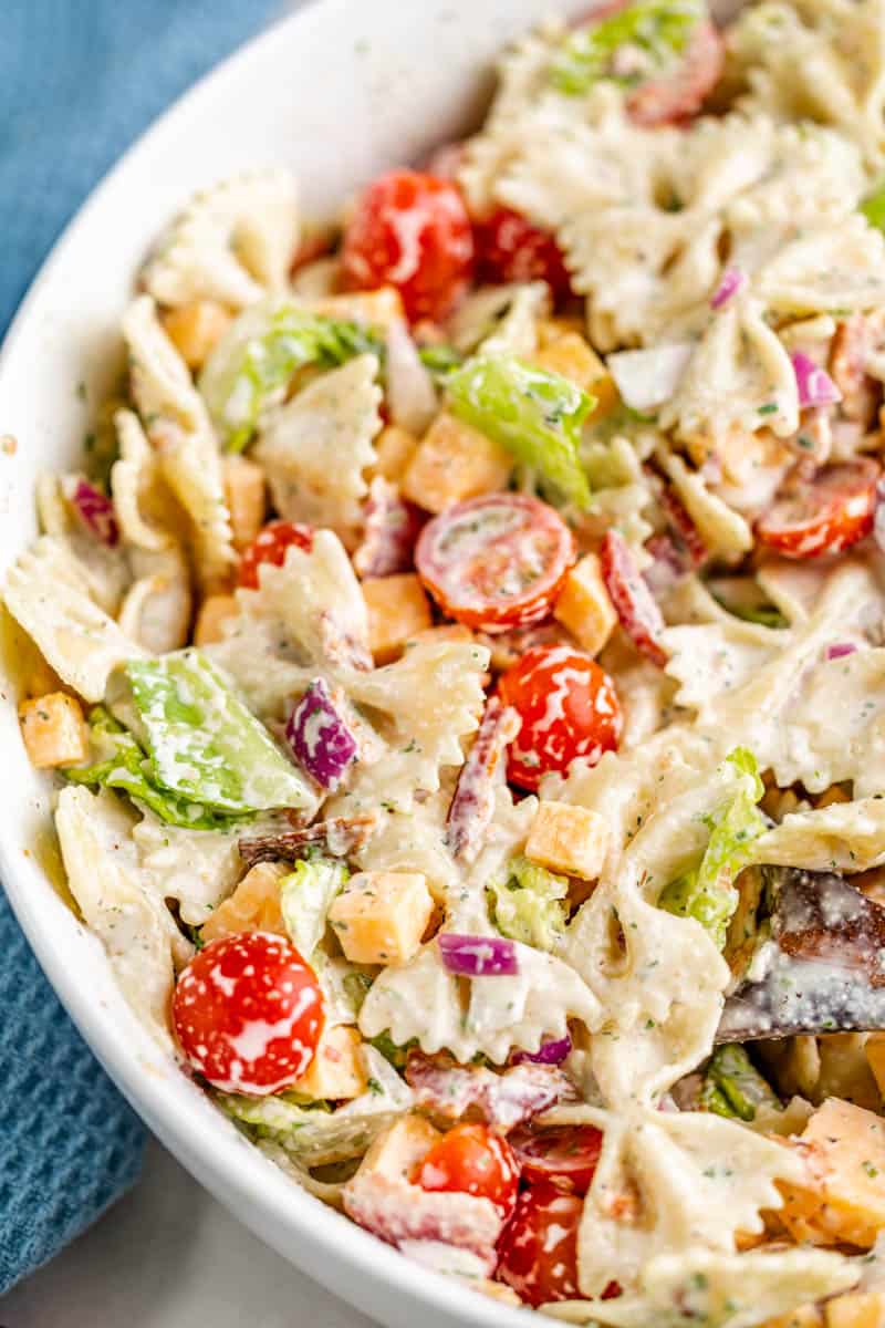 Close up overhead view of BLT pasta salad.