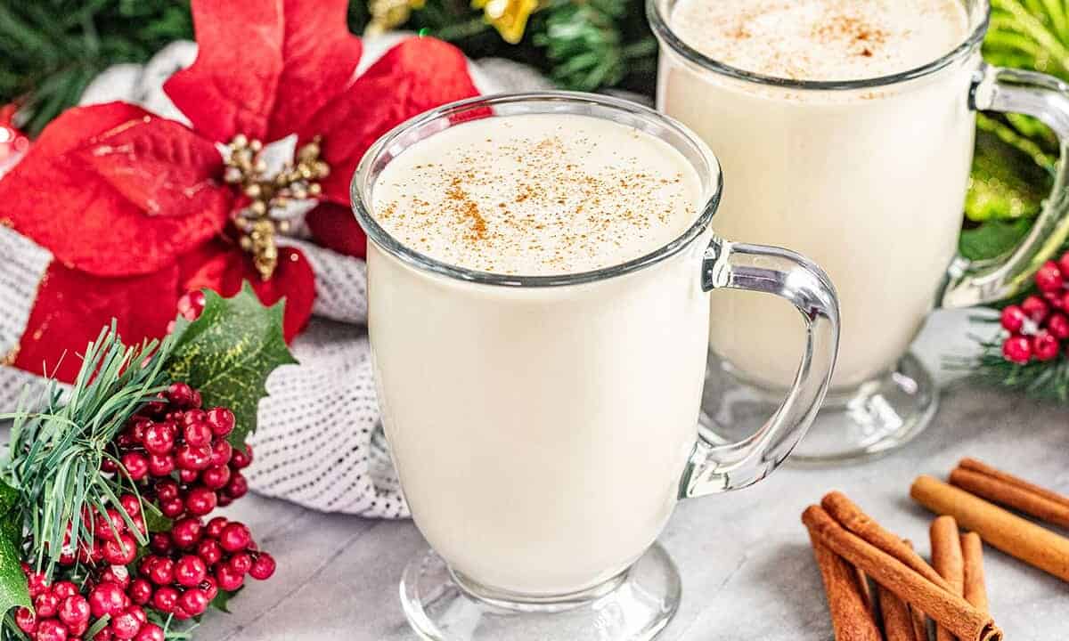 Glass mugs filled with homemade eggnog