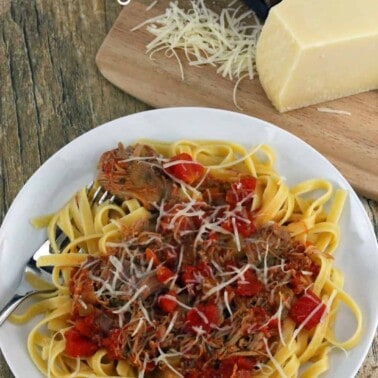 Slow Cooker Pork Ragu on a white plate.